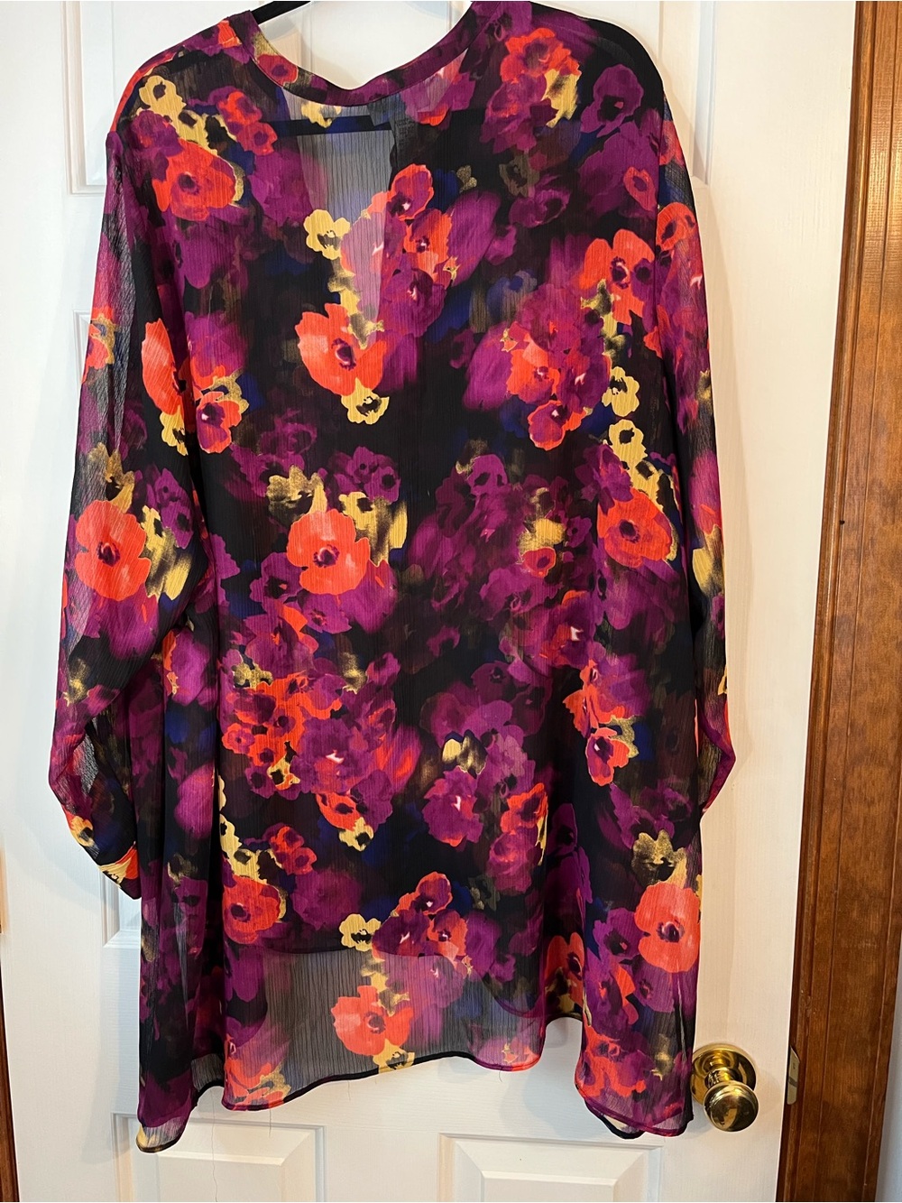 Black Floral Semi Sheer Tunic, Purple & Orange Accents, Adjustable Sleeves 3XL - Picture 3 of 4
